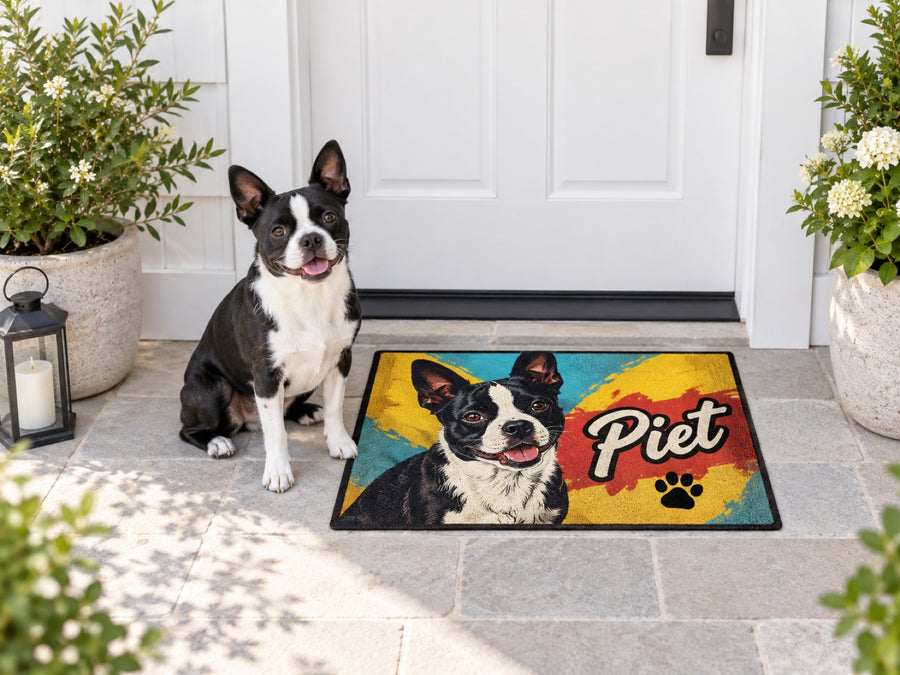 Fußmatte mit Boston Terrier im Pop-Art-Stil und Namen Piet vor der Haustür