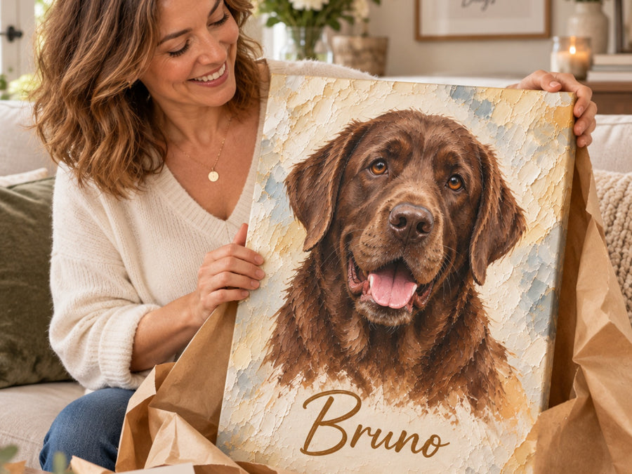 Frau packt am Geburtstag eine Leinwand mit braunem Labrador im Aquarell-Stil und dem Namen Bruno aus