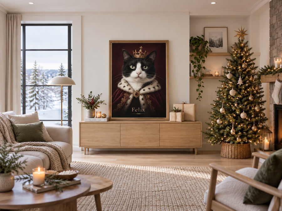 Katze im Royal-Stil mit Namen Felix als Wandbild neben dem Weihnachtsbaum