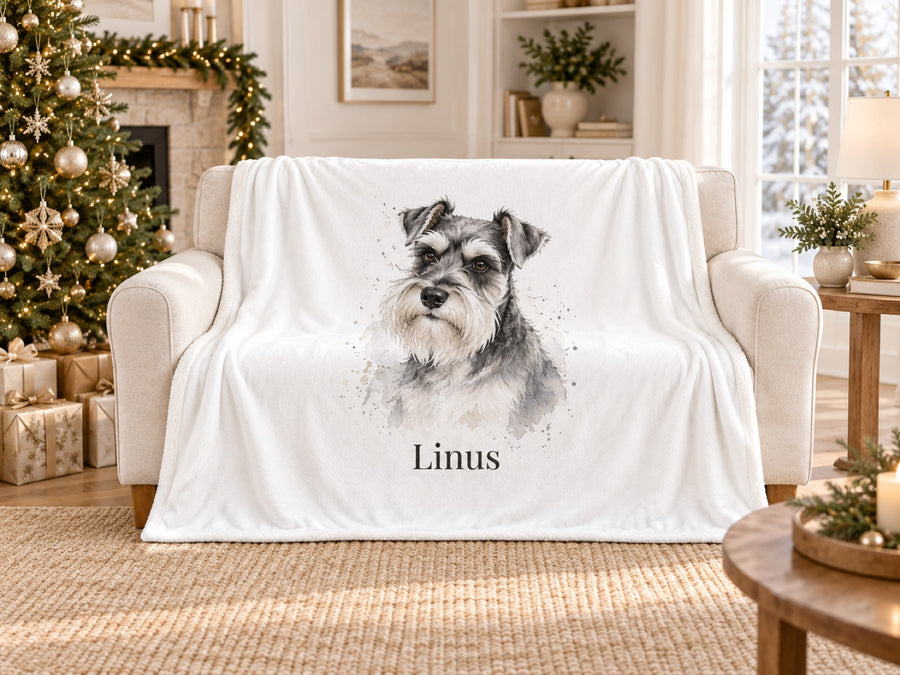 Kuscheldecke mit Zwergschnauzer als Zeichnung und Namen Linus zu Weihnachten