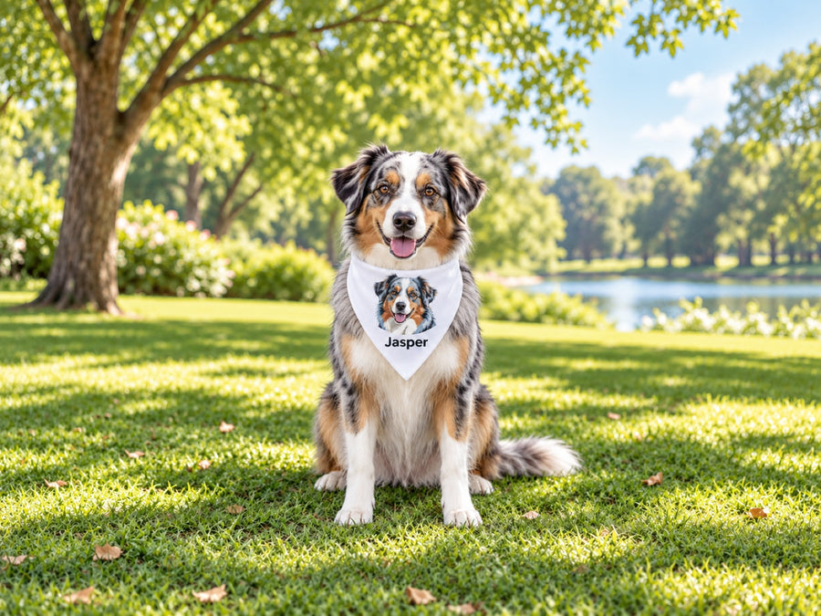 Australian Shepherd trägt Halstuch mit eigenem Portrait und Namen Jasper im Park