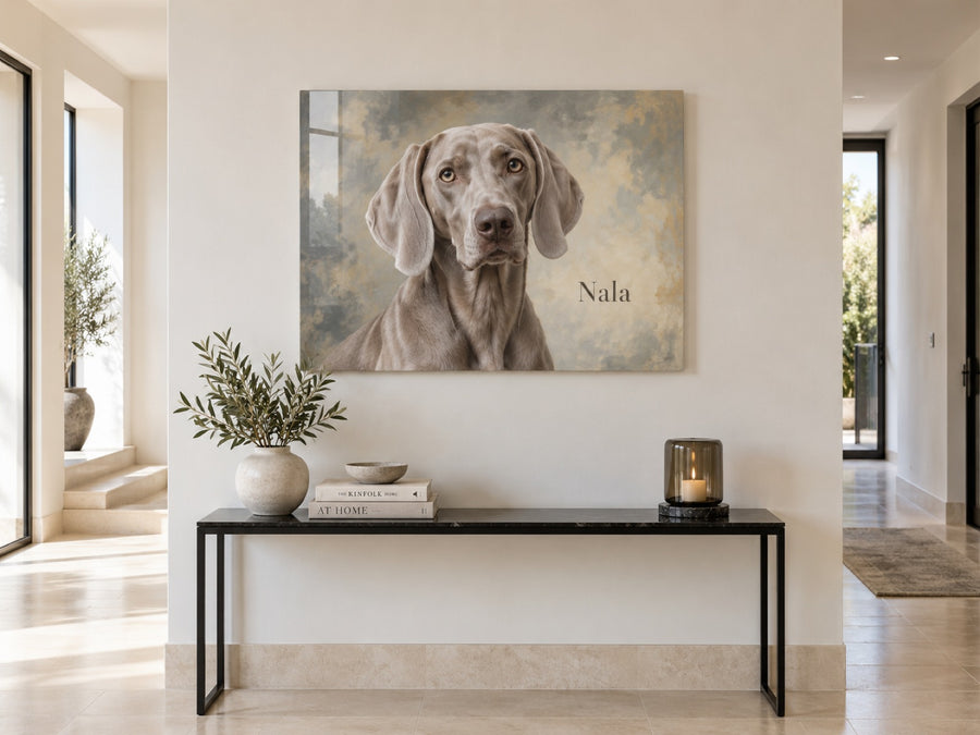 Weimaraner als Ölgemälde auf Acrylglas im Flur