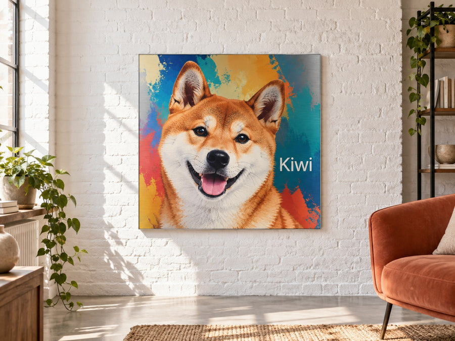 Shiba im Pop-Art-Stil auf Aluminium an der Ziegelwand