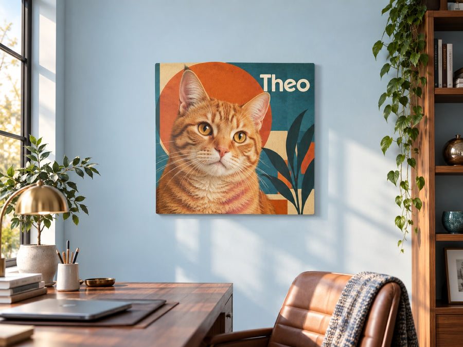 Rote Katze im Retro-Stil auf Holz im Arbeitszimmer