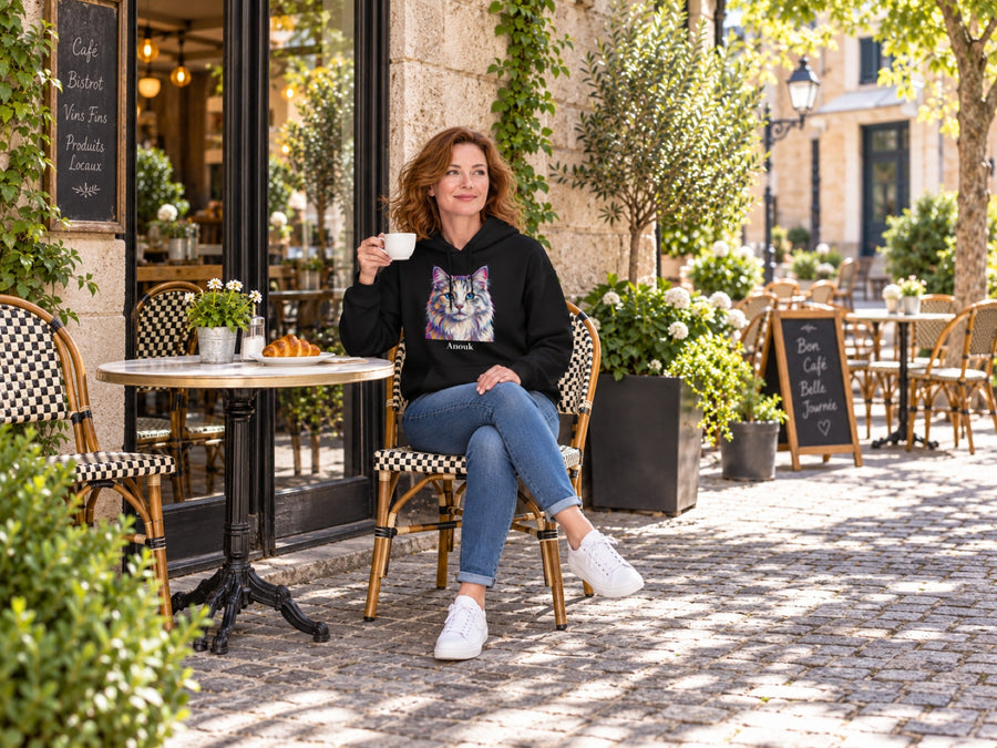 Frau im schwarzen Hoodie mit Katzenportrait im Straßencafé