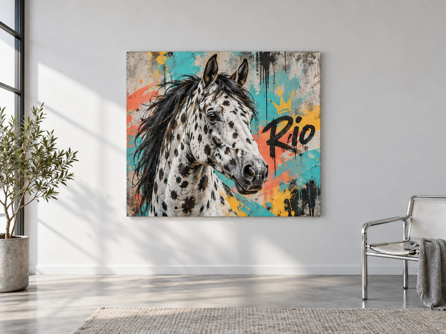 Getigertes Pferd im Street-Art-Stil mit Namen Rio auf Leinwand