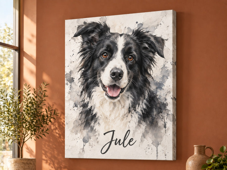 Wandbild auf Leinwand mit Border Collie als Aquarell und Namen Jule im Wohnzimmer