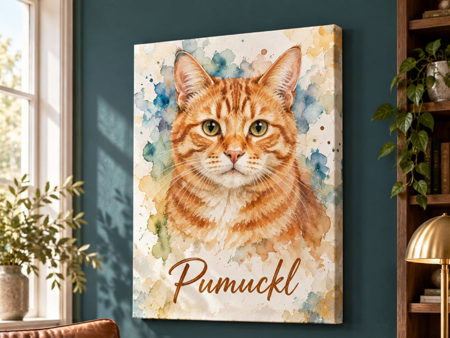 Wandbild auf Leinwand mit rot getigerter Katze als Aquarell und Namen Pumuckl an der Wohnzimmerwand