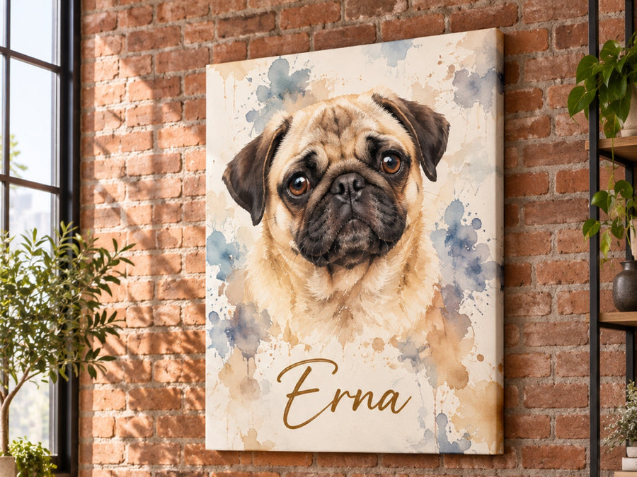 Wandbild auf Leinwand mit Mops als Aquarell und Namen Erna an der Wohnzimmerwand