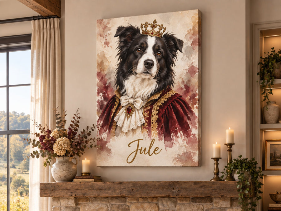 Wandbild auf Leinwand mit Border Collie im Royal-Stil mit Krone und Namen Jule an der Wohnzimmerwand