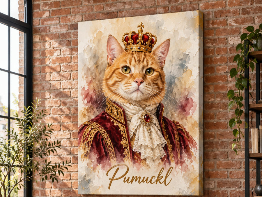 Wandbild auf Leinwand mit rot getigerter Katze im Royal-Stil mit Krone und Namen Pumuckl im Wohnzimmer