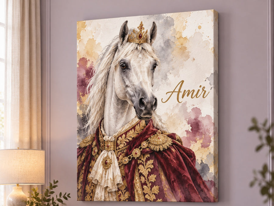 Wandbild auf Leinwand mit weißem Araber im Royal-Stil mit Krone und Namen Amir an der Wohnzimmerwand