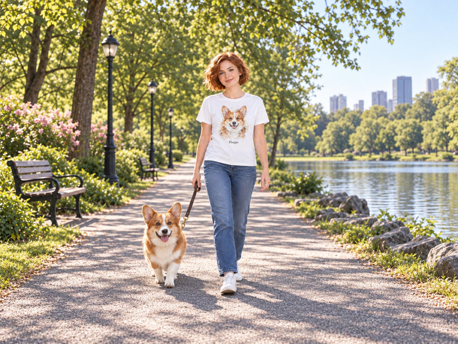 Frau im weißen T-Shirt mit Corgi-Portrait beim Spaziergang mit ihrem Corgi