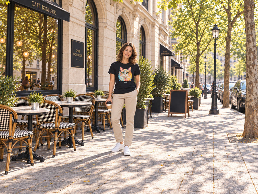 Frau im schwarzen T-Shirt mit Katzenportrait vor einem Café