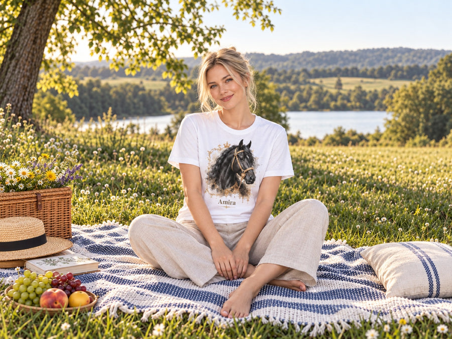 Frau im weißen T-Shirt mit Friesen-Portrait beim Picknick