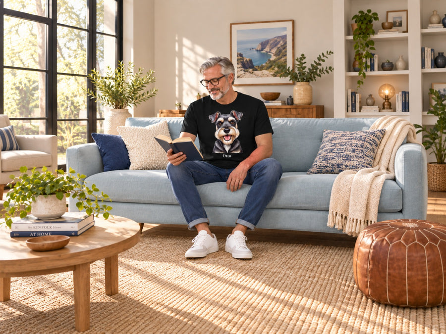 Mann im schwarzen T-Shirt mit Schnauzer-Portrait auf dem Sofa