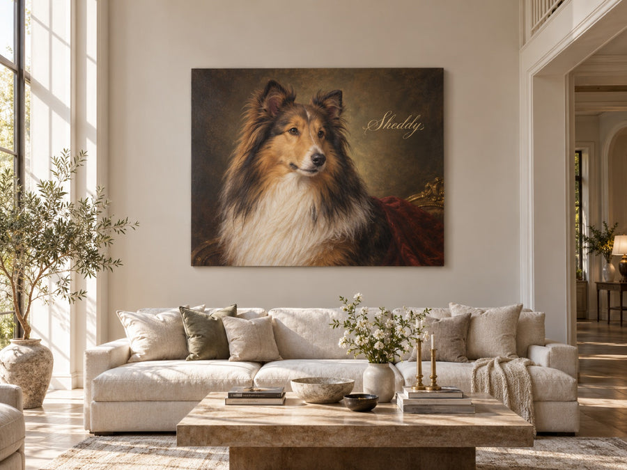 Sheltie als Ölgemälde mit Namen Sheddy über dem Sofa