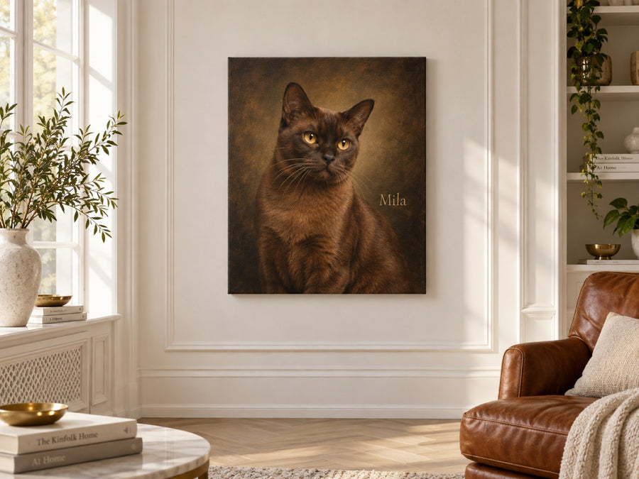 Braune Katze als Ölgemälde mit Namen Mila auf Leinwand