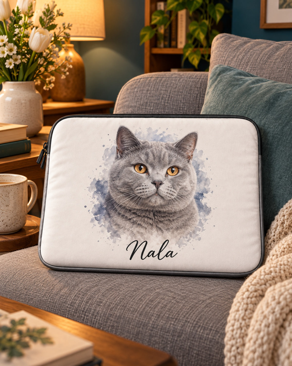 Laptophülle mit Britisch Kurzhaar Nala auf dem Sofa am Abend