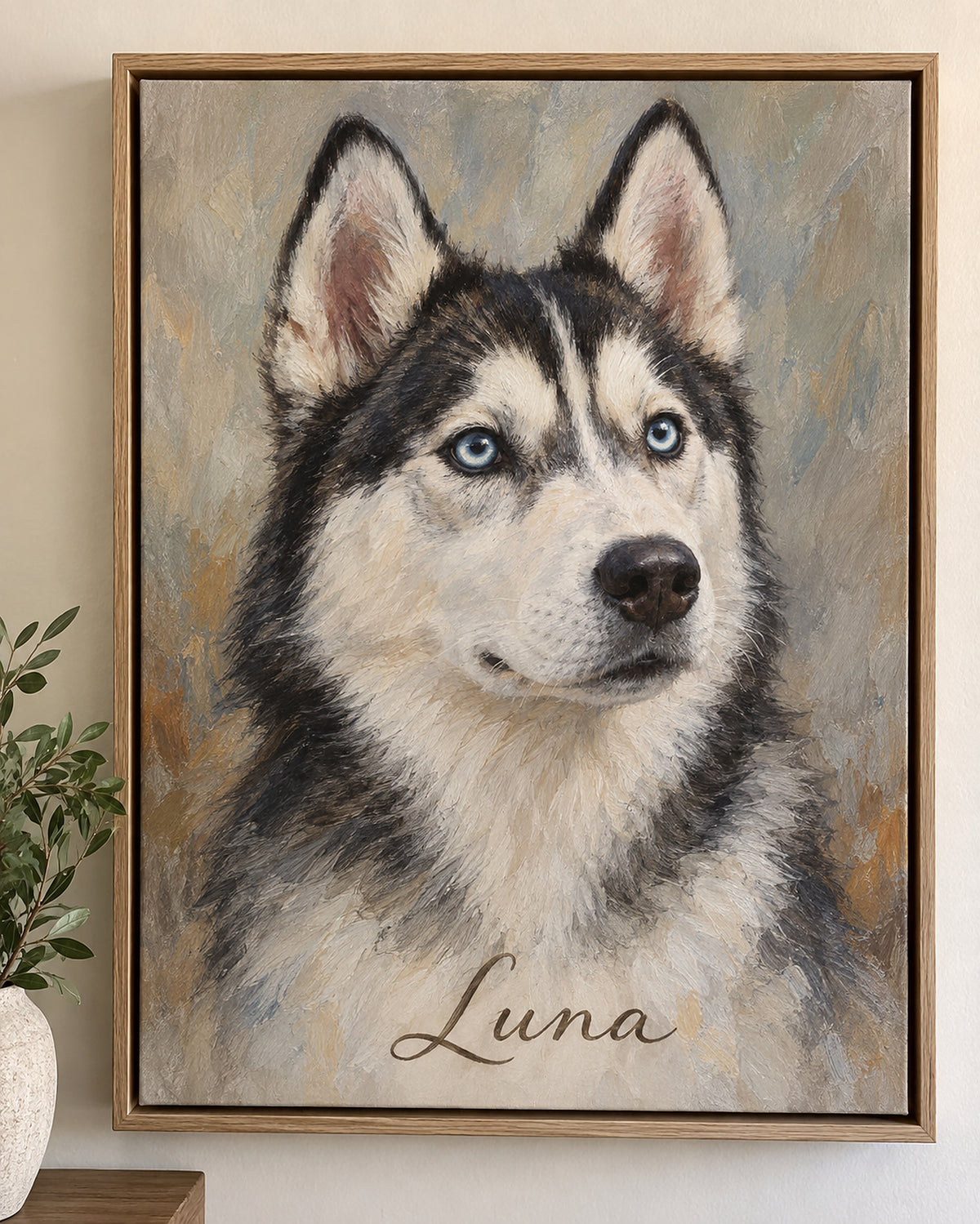 Hundeportrait auf Leinwand mit Rahmen: Husky mit dem Namen Luna