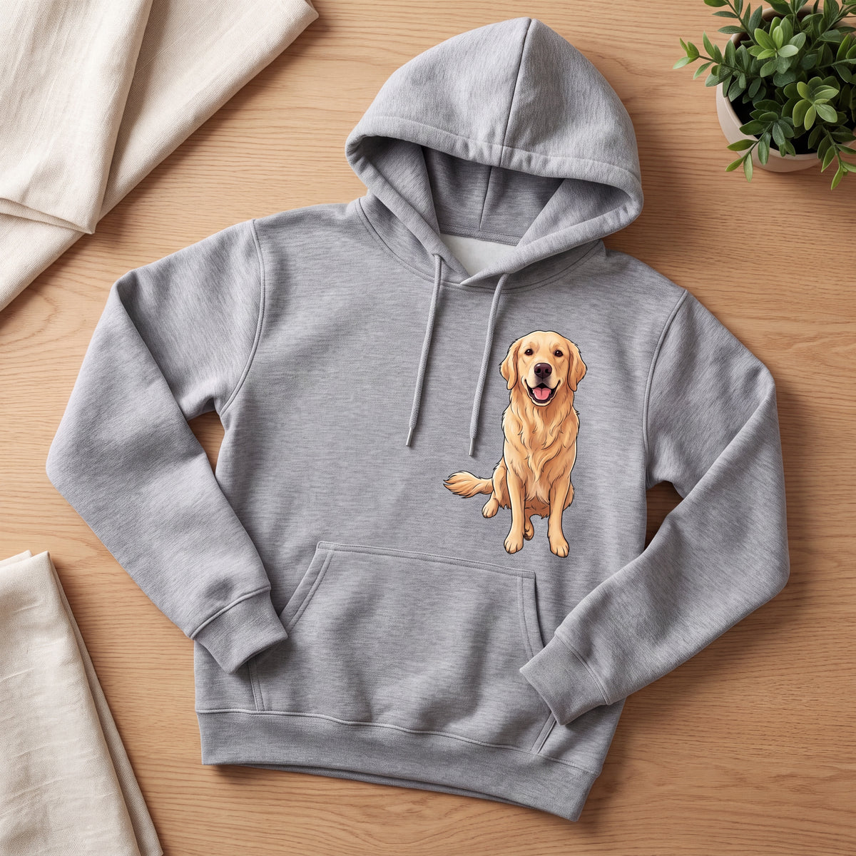 Grauer Hoodie mit Cartoon-Portrait eines Golden Retrievers als Brustmotiv