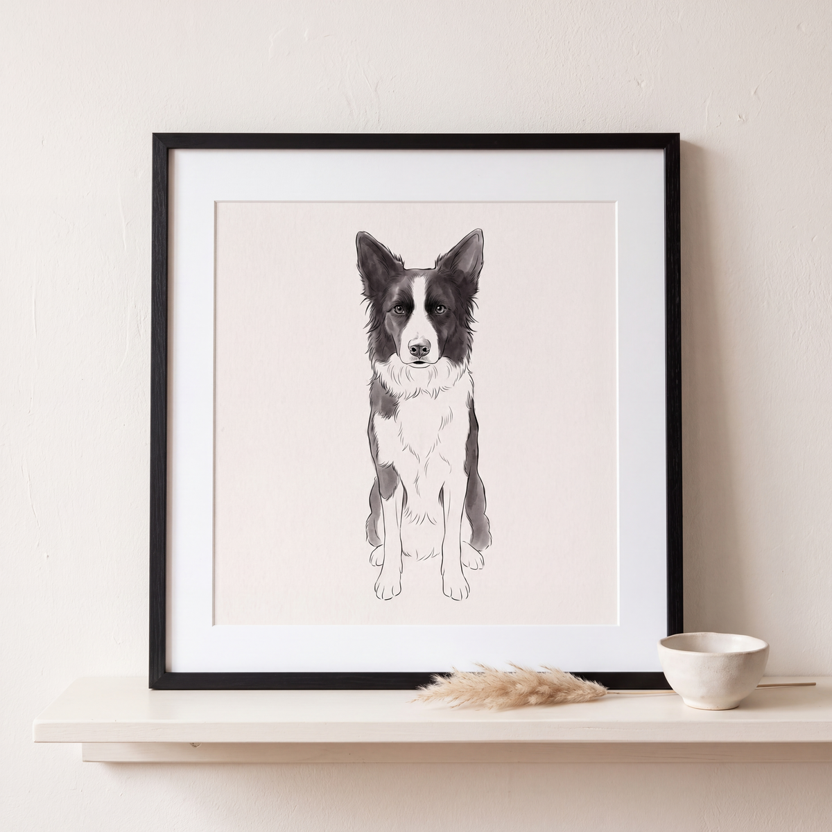 Line-Art-Portrait eines Border Collies als Poster im schwarzen Rahmen