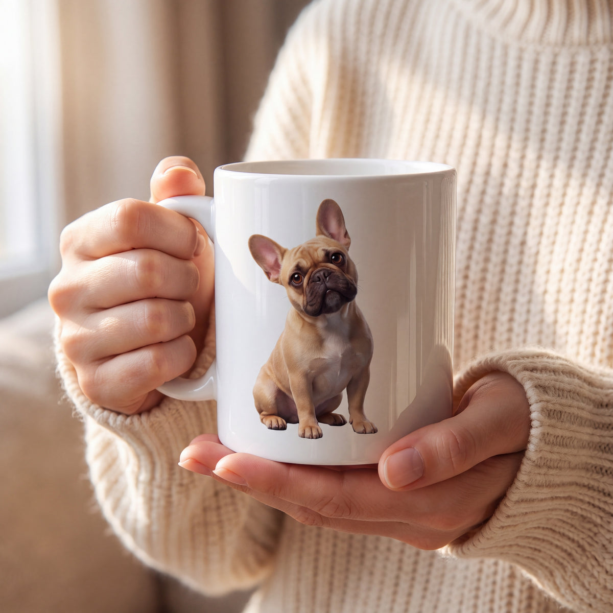 Tasse mit Pixar-3D-Portrait einer Französischen Bulldogge in zwei Händen