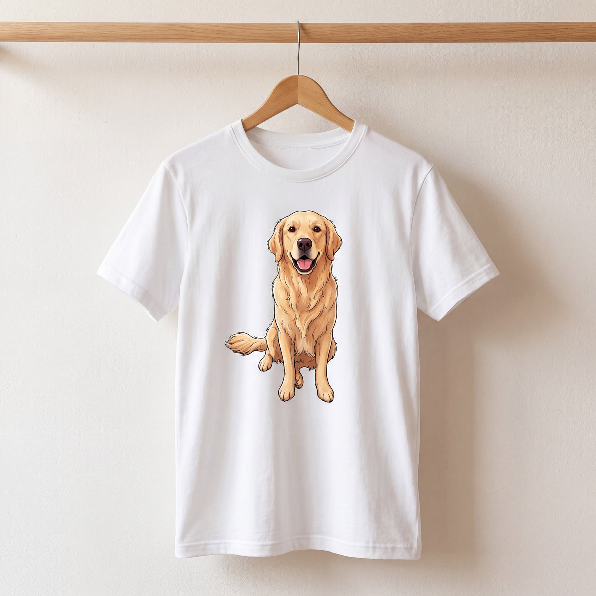 Weißes T-Shirt mit Cartoon-Portrait eines Golden Retrievers auf einem Holzbügel