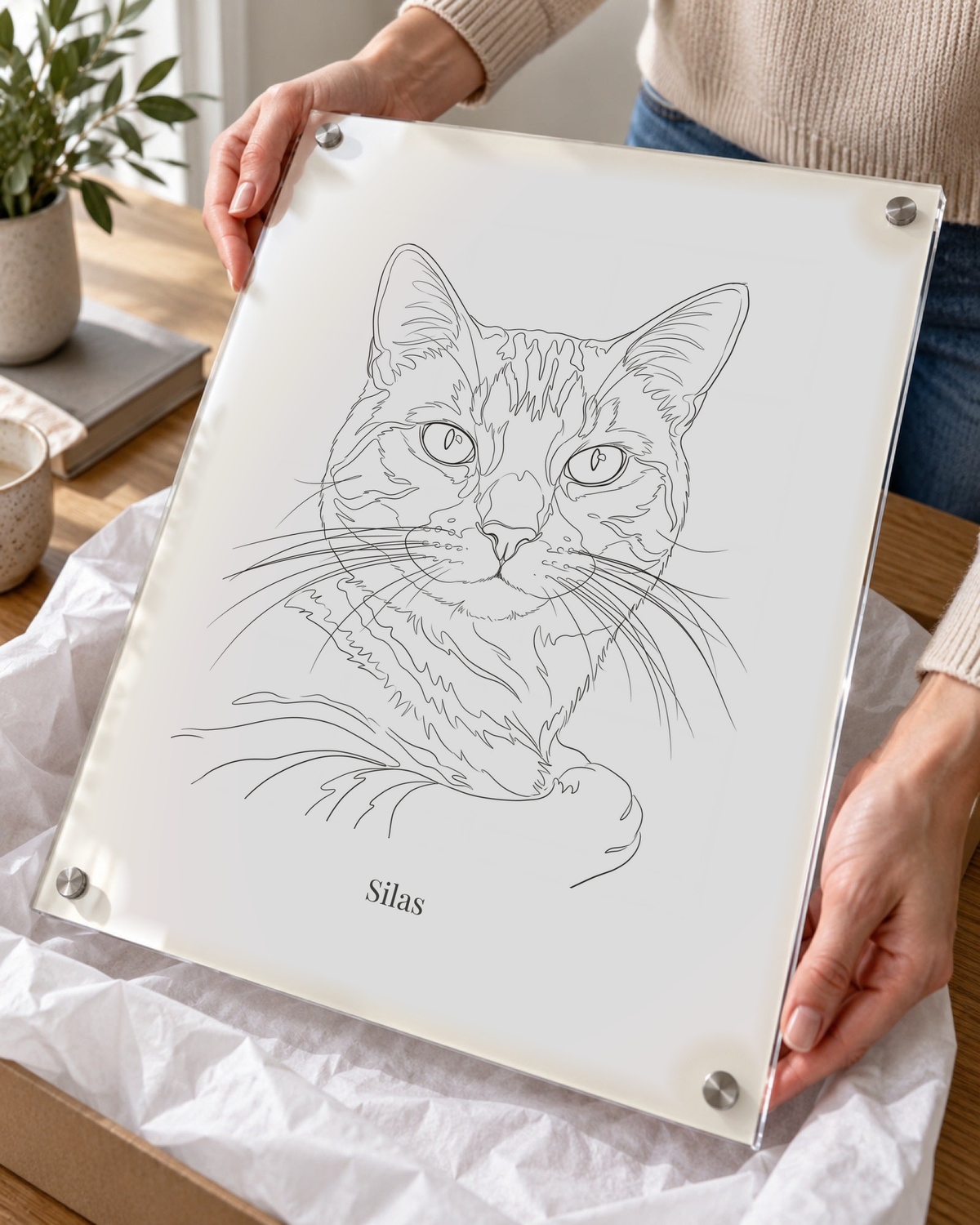 Katzenportrait im Minimal-Stil auf Acrylglas, bestehende Linienzeichnung mit dem Namen Silas