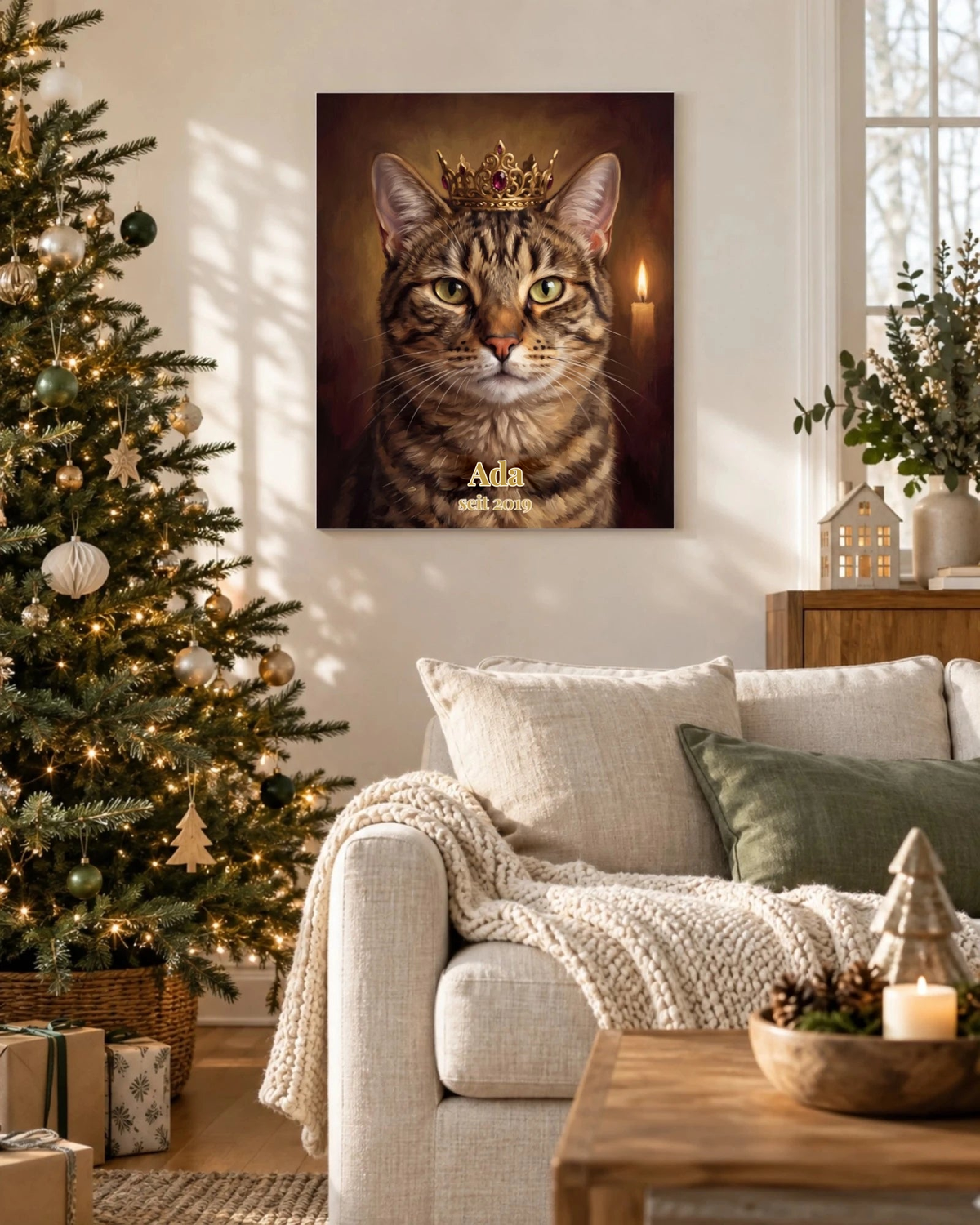 Katzenportrait auf Leinwand im Royal-Stil mit dem Namen Ada und seit 2019 im Weihnachtszimmer