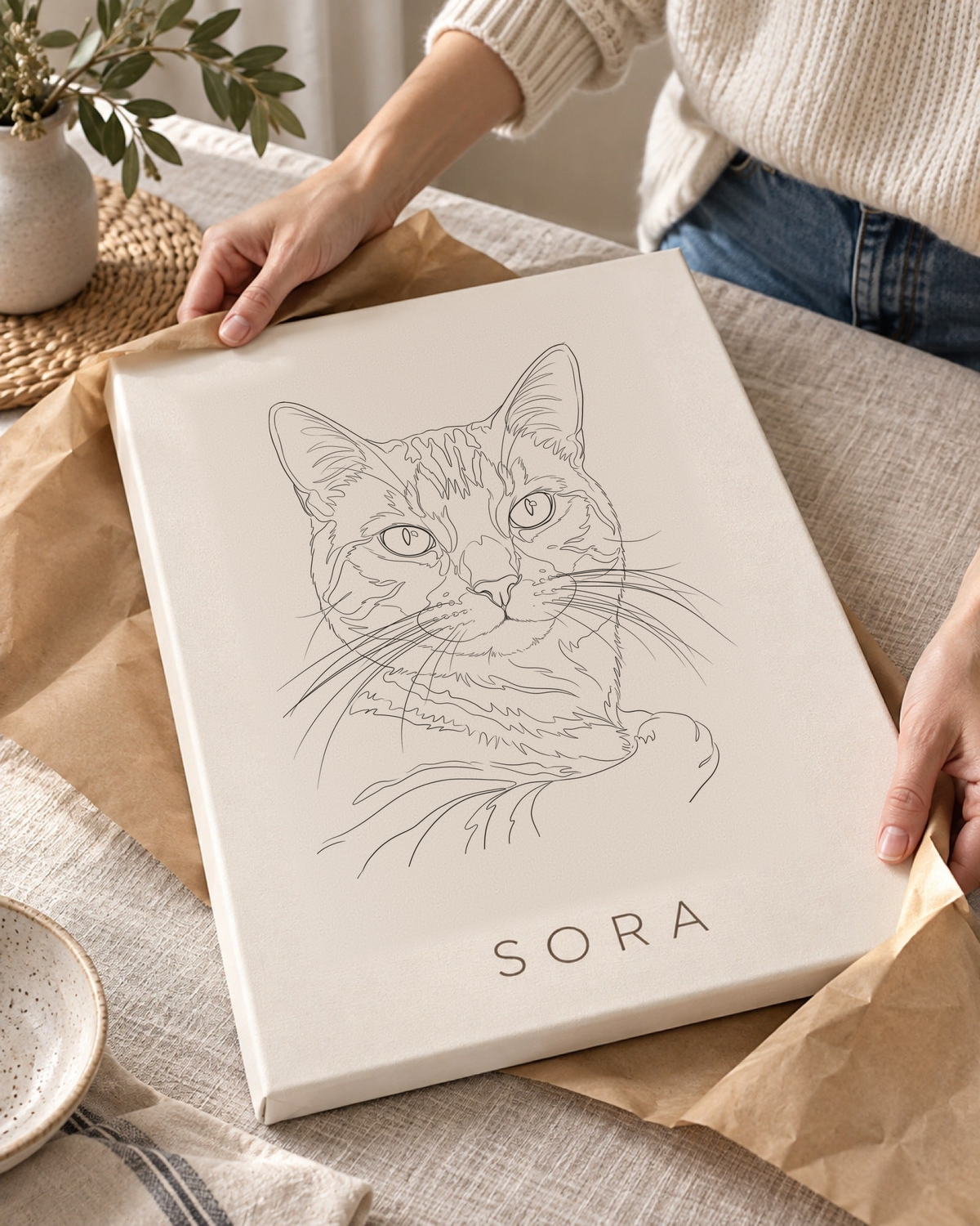 Katzenportrait auf Leinwand mit getigerter Katze als Minimal-Linienzeichnung und dem Namen Sora beim Auspacken