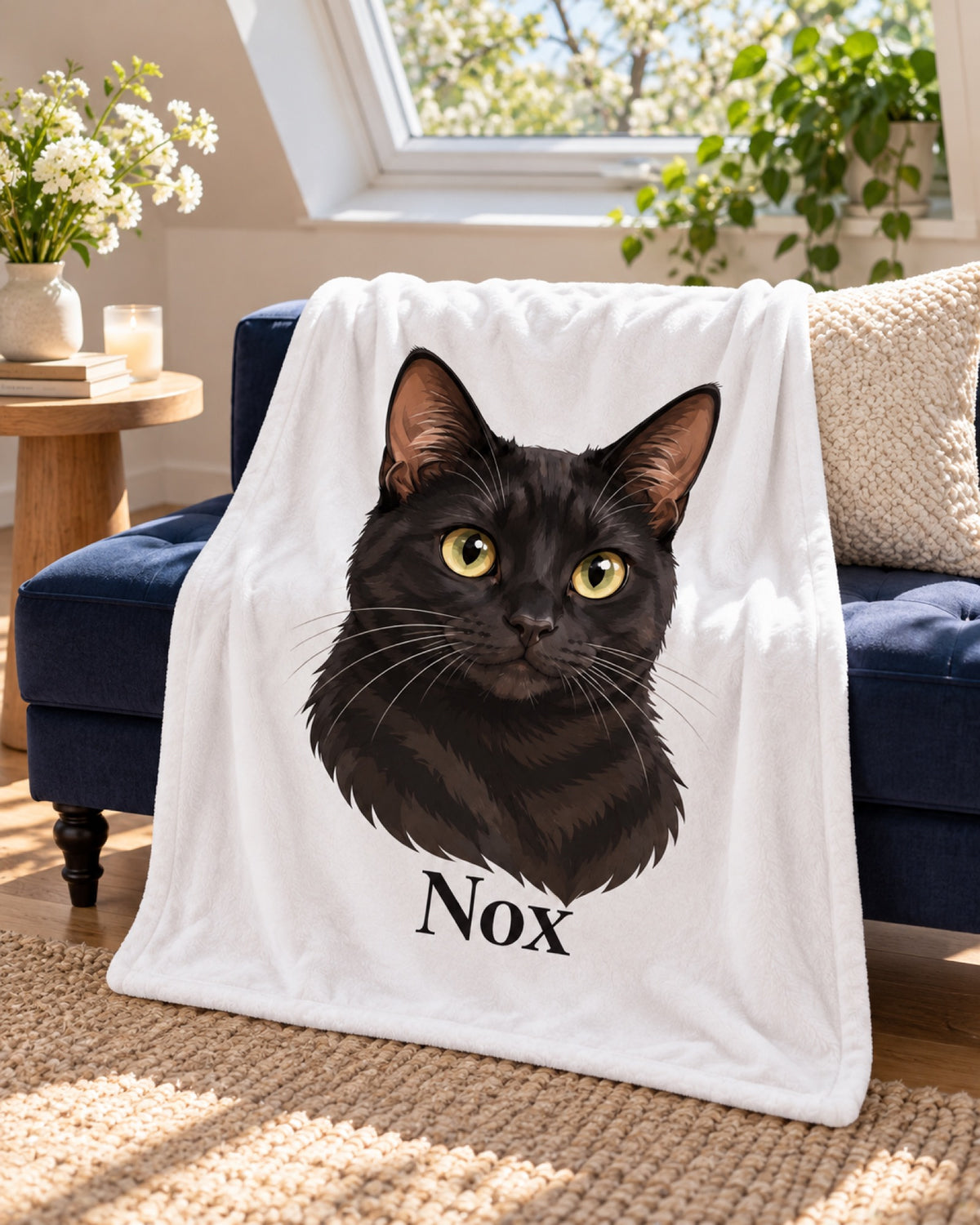 Kuscheldecke mit schwarzer Katze im Cartoon-Stil und Namen Nox auf einer navyblauen Polsterbank am hellen Dachfenster im Frühling