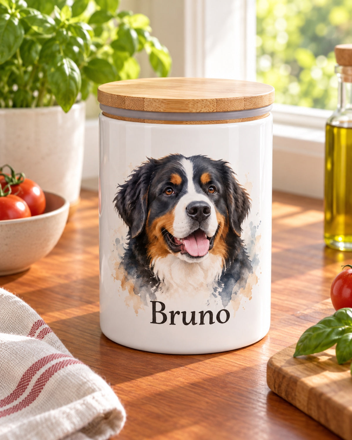 Leckerlidose 750 ml mit Berner Sennenhund im Aquarell Stil und Namen Bruno auf einem rötlichen Küchentisch am hellen Sommerfenster