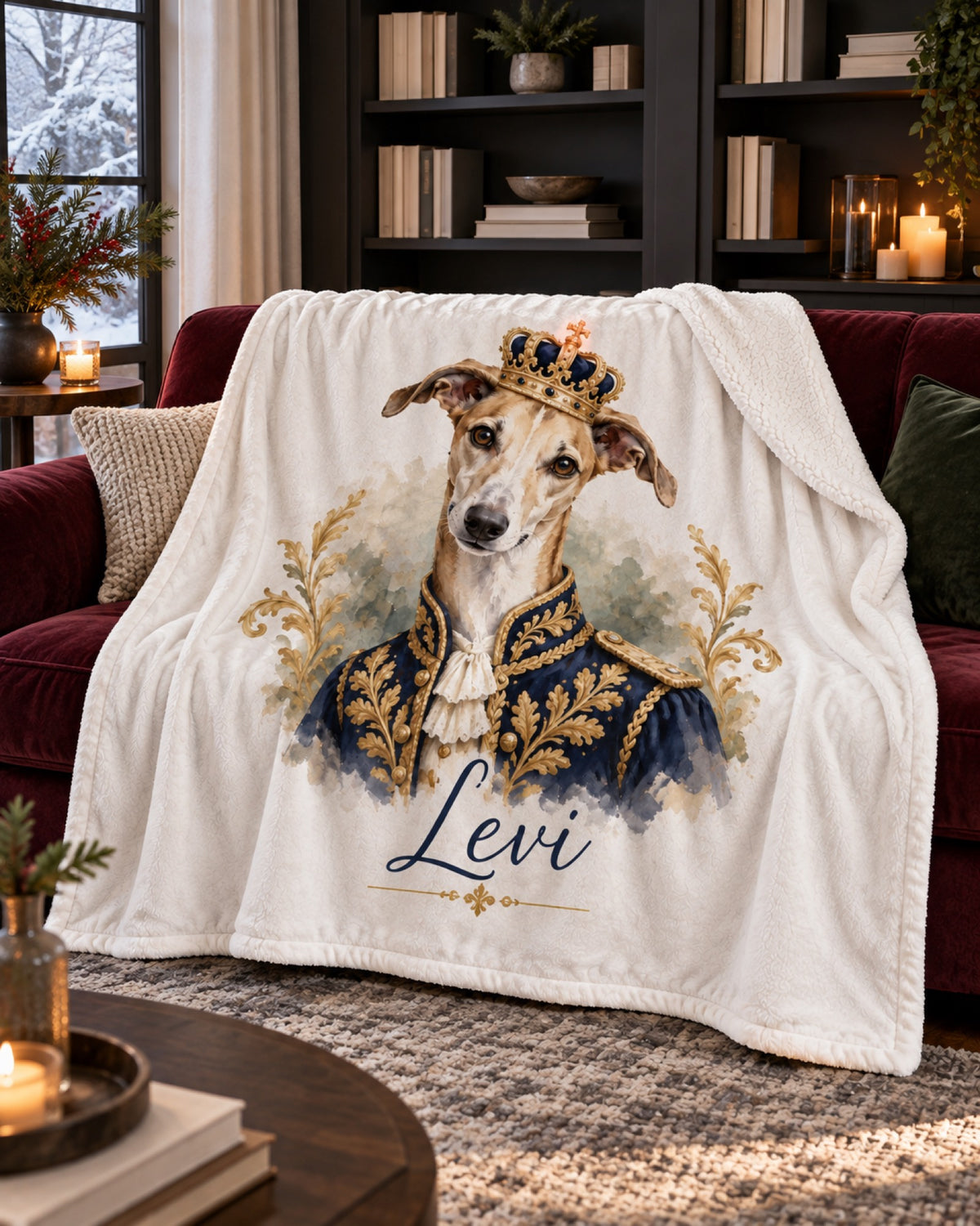 Sherpa-Decke mit Windhund im Royal-Stil und Namen Levi auf einem burgunderfarbenen Sofa vor schwarzen Bücherregalen im Winter