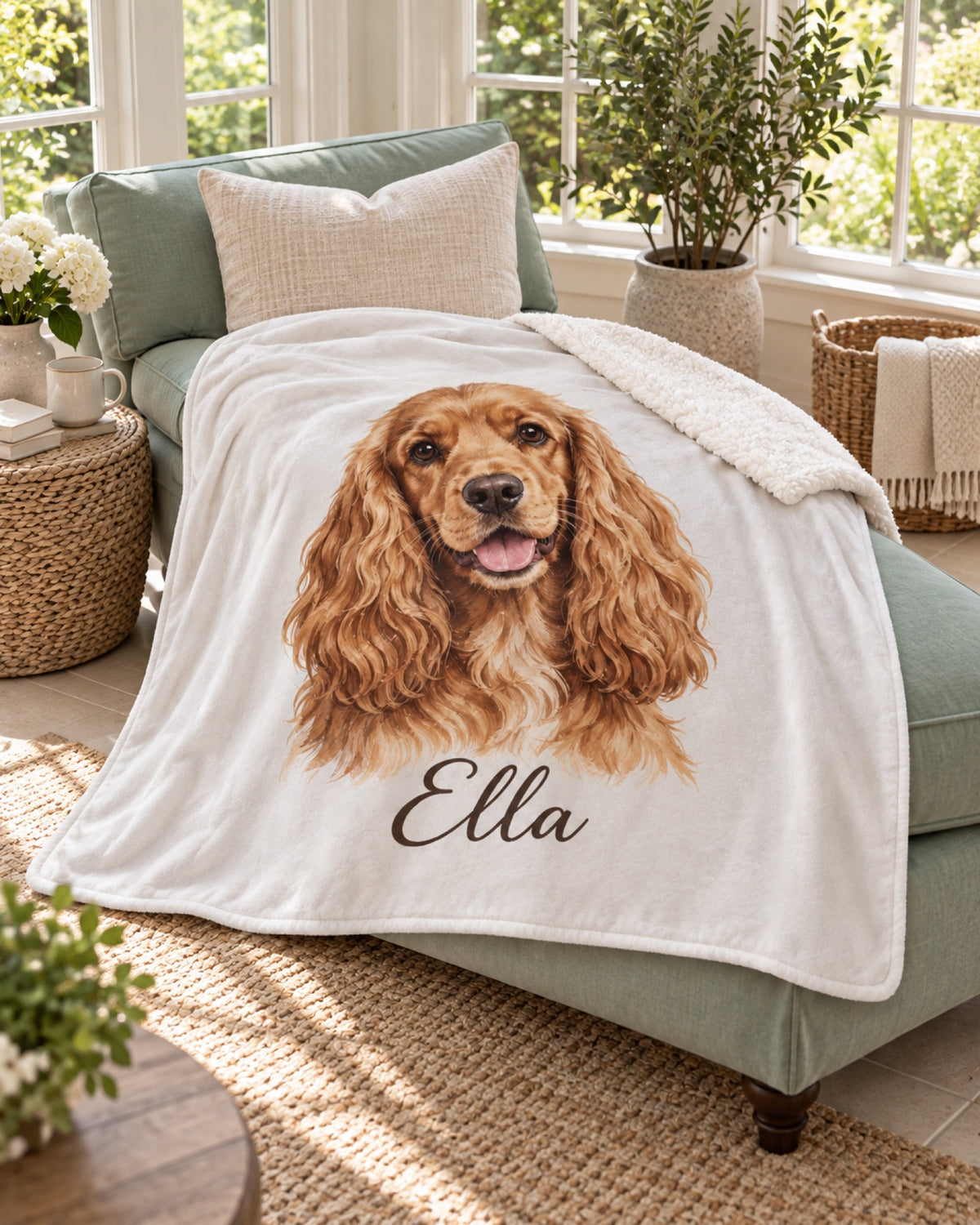 Sherpa-Decke mit Cocker Spaniel und Namen Ella auf einer mintfarbenen Chaiselongue im lichtdurchfluteten Sommerzimmer
