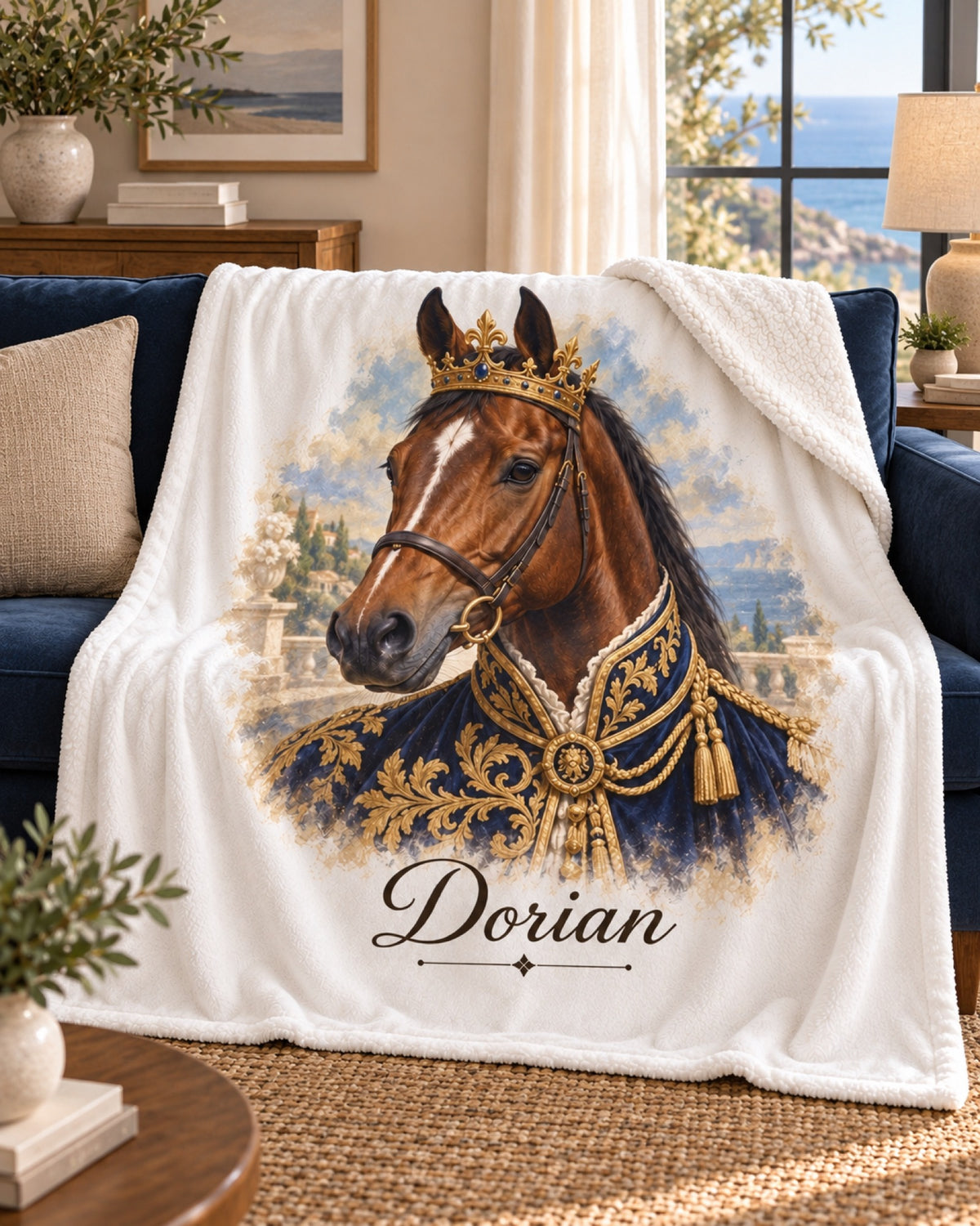 Sherpa-Decke mit Braunem im Royal-Stil und Namen Dorian auf einem dunkelblauen Sofa in einem sandfarbenen Wohnzimmer