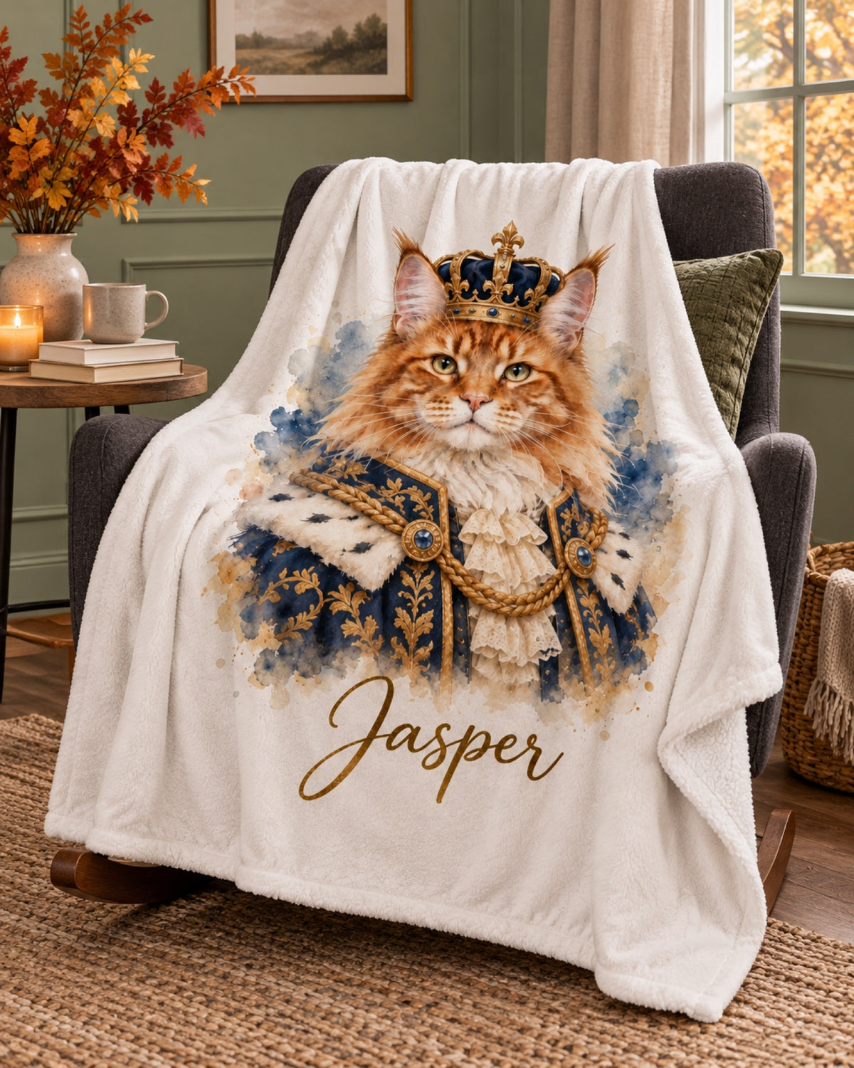 Sherpa-Decke mit Maine Coon im Royal-Stil und Namen Jasper auf einem anthrazitfarbenen Schaukelstuhl vor salbeigrüner Wand im Herbst
