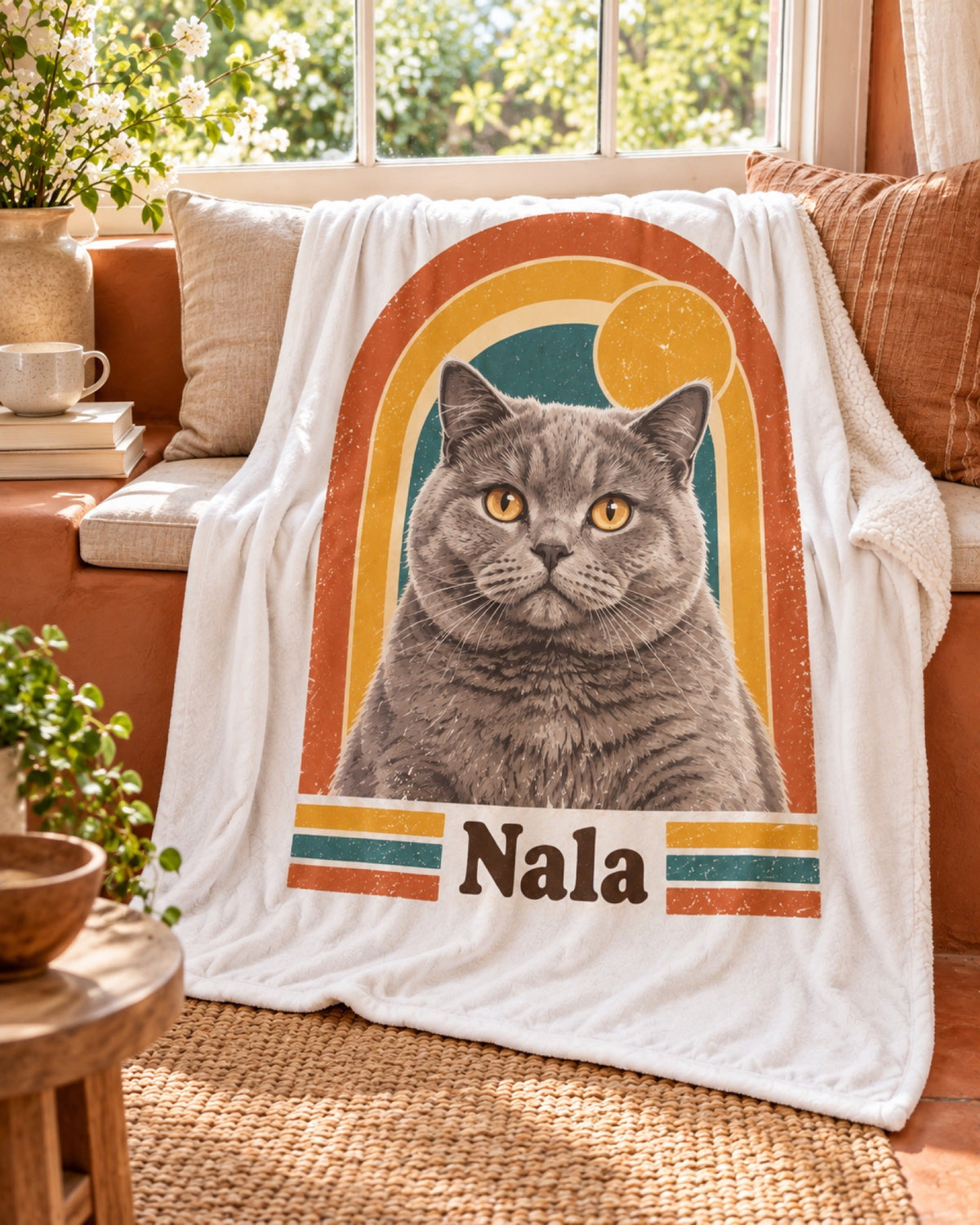 Sherpa Decke mit Britisch Kurzhaar Nala im Retro Stil auf einer terrakottafarbenen Fensterbank mit Leinenpolster im Frühling