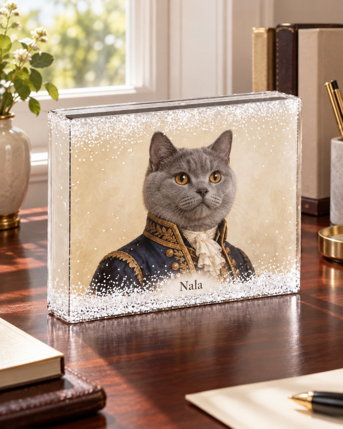 Schüttelrahmen mit weißen Schneeflocken und graue Britisch Kurzhaar Katze Nala auf einem dunklen Mahagonischreibtisch am hellen Sommerfenster