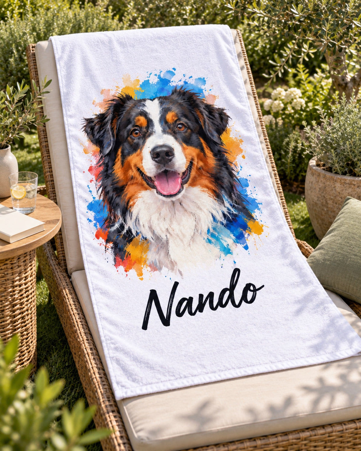 Badetuch mit Berner Sennenhund im Pop-Art-Stil und Namen Nando auf einer Rattanliege im salbeigrünen Garten im Sommer