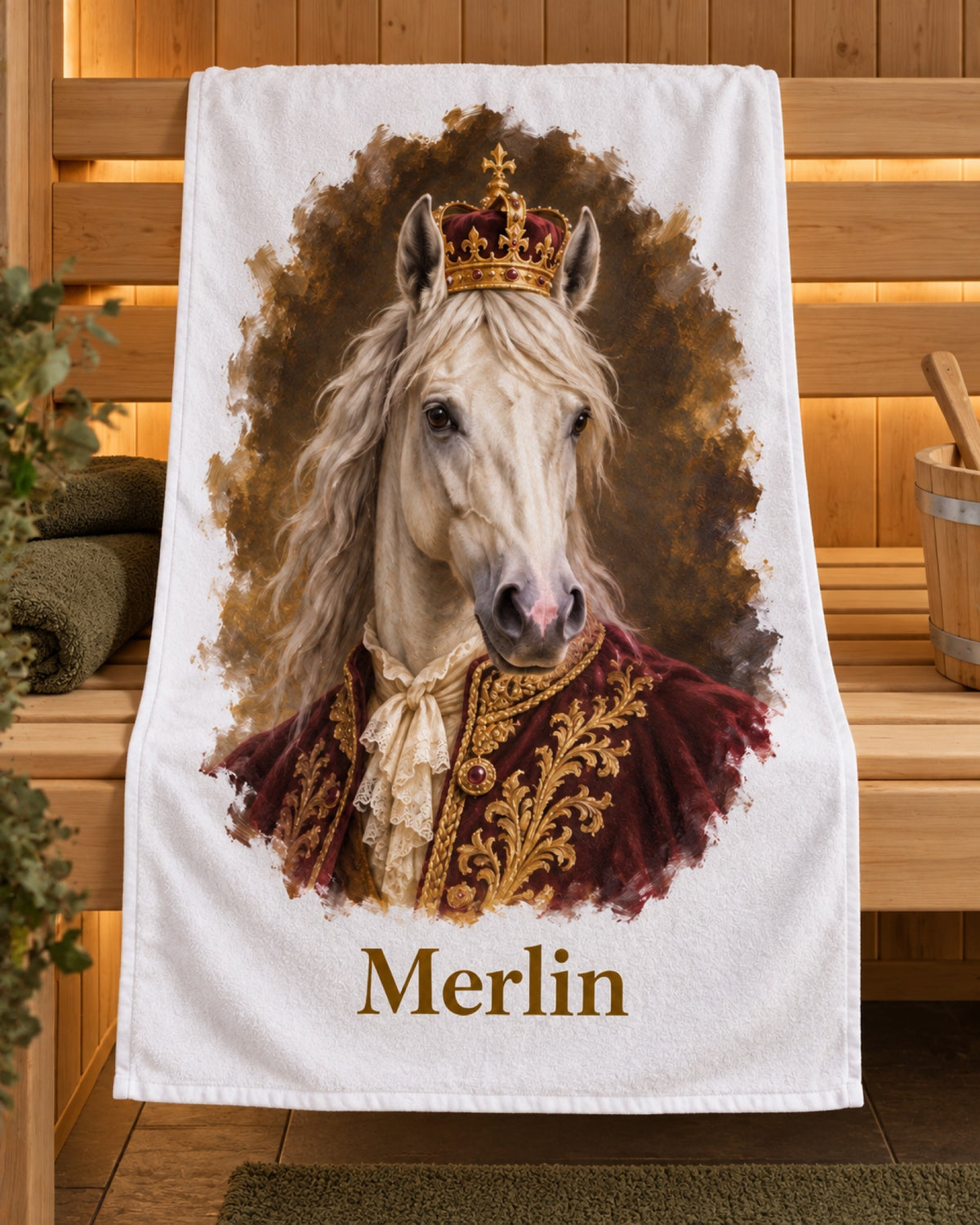 Badetuch mit Schimmel im Royal-Stil mit Krone und Namen Merlin auf einer moosgrünen Saunabank mit warmem Holz