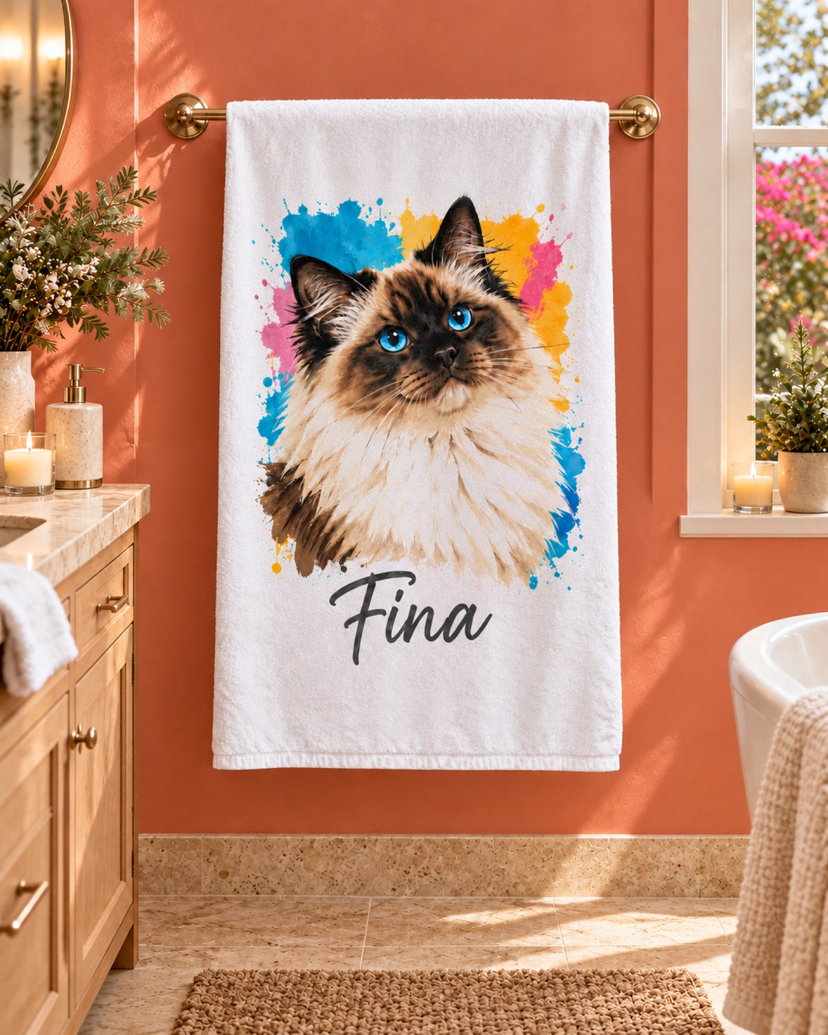 Badetuch mit Birma-Katze im Pop-Art-Stil und Namen Fina auf einem korallfarbenen Badezimmer mit Travertinboden im Sommer