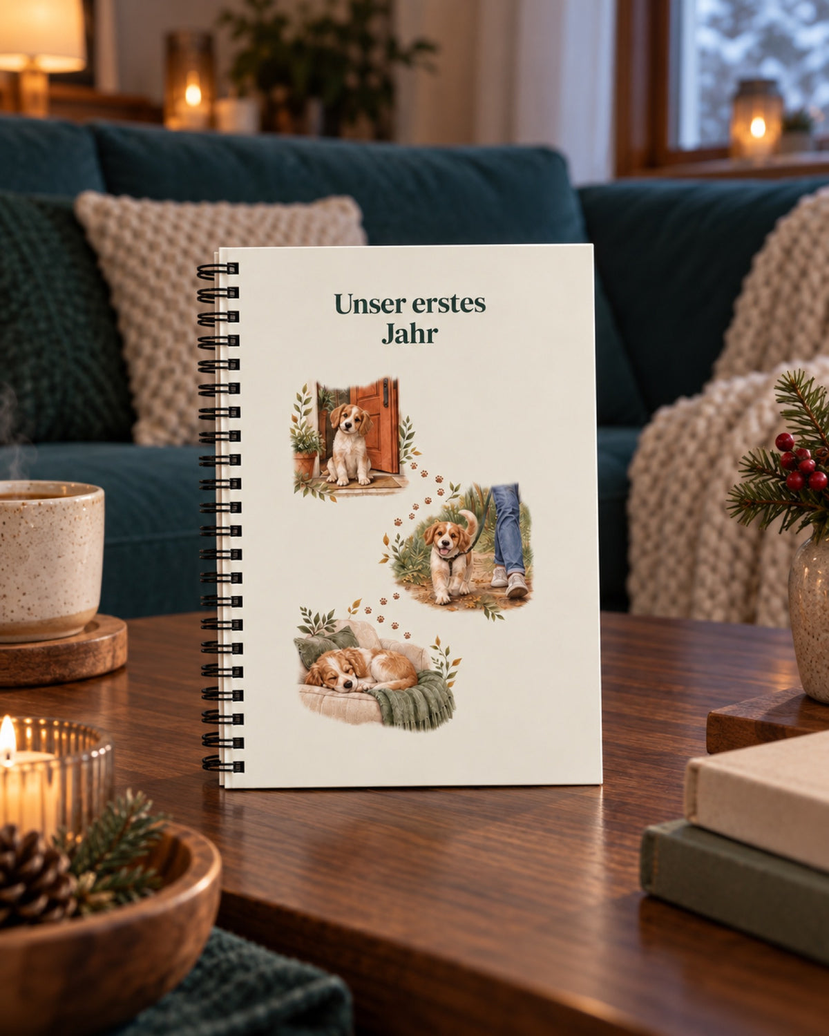 Hunde Journal Unser erstes Jahr mit drei Welpenszenen auf einem dunklen Nussholztisch vor petrolfarbenem Sofa im Winter