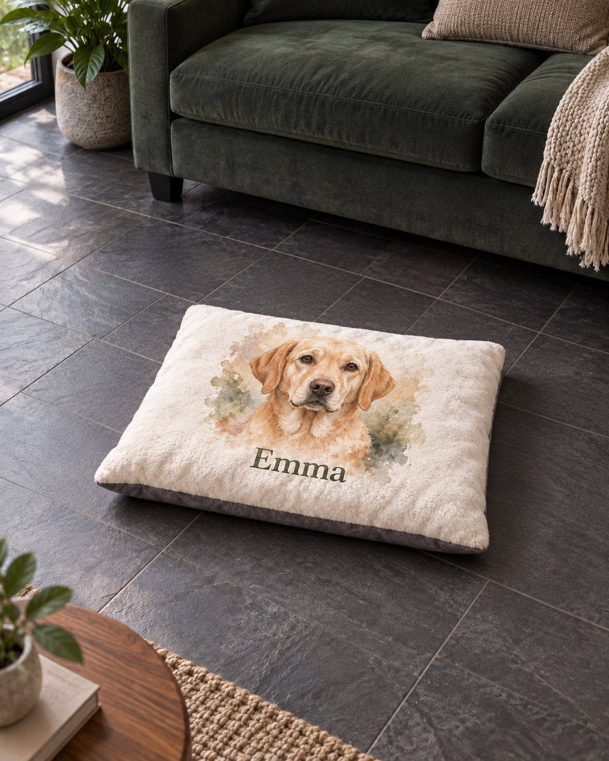 Hundeliegekissen mit Golden Retriever Emma auf einem grauen Schieferboden vor einem dunkelgrünen Sofa als Beispiel der kleinen Ausführung 60 × 45 cm