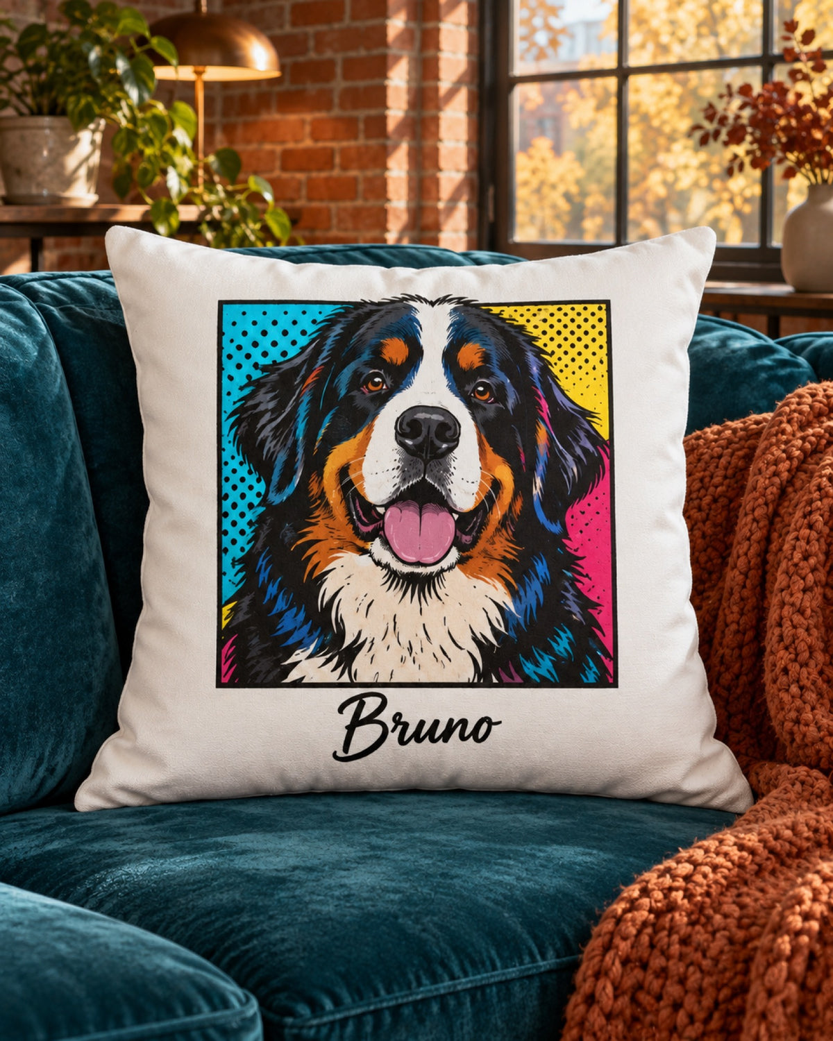Kissen mit Berner Sennenhund im Pop-Art-Stil und Namen Bruno auf einem petrolfarbenen Sofa im Loft