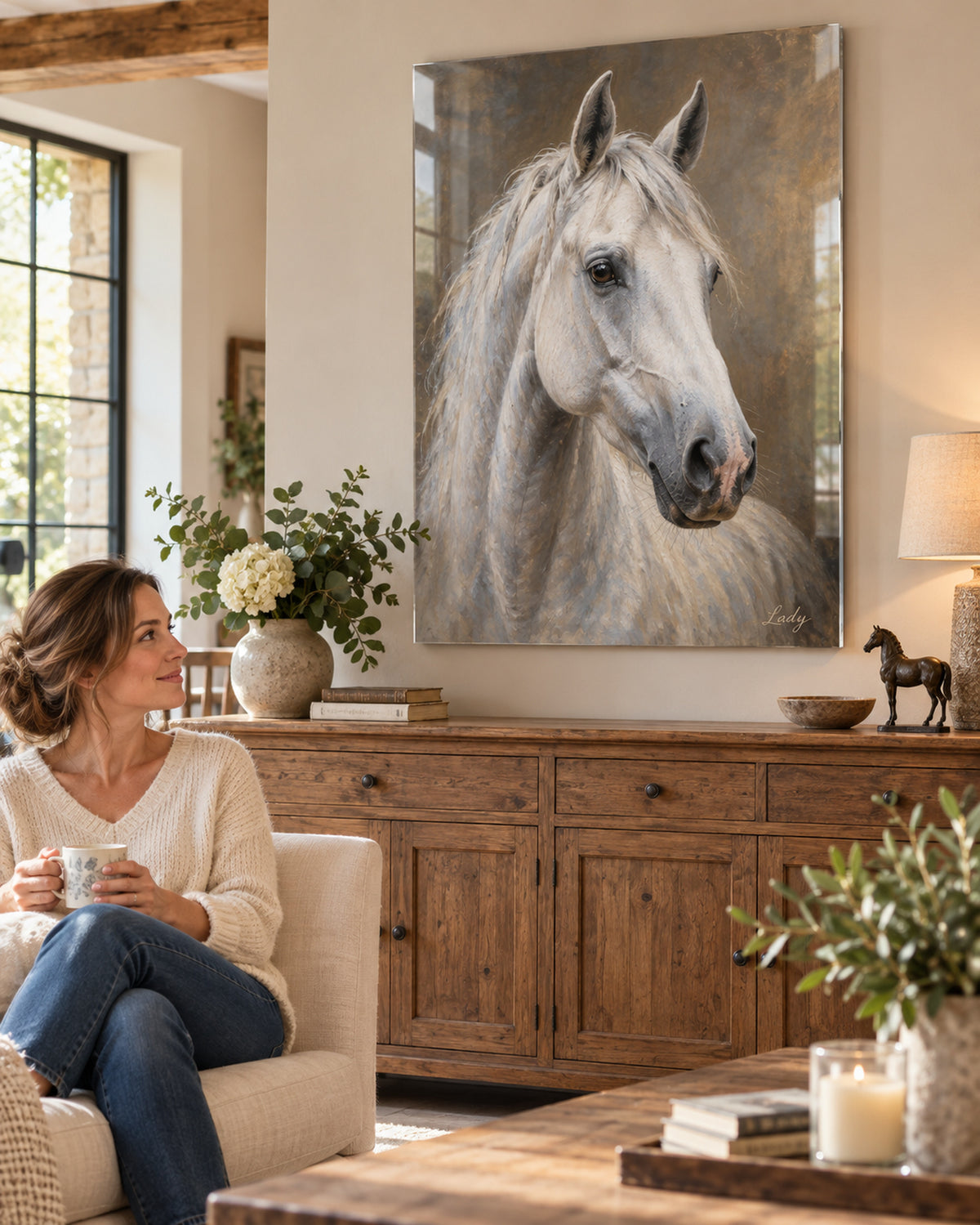 Pferdeportrait auf Acrylglas im Wohnzimmer, Schimmel mit dem Namen Lady