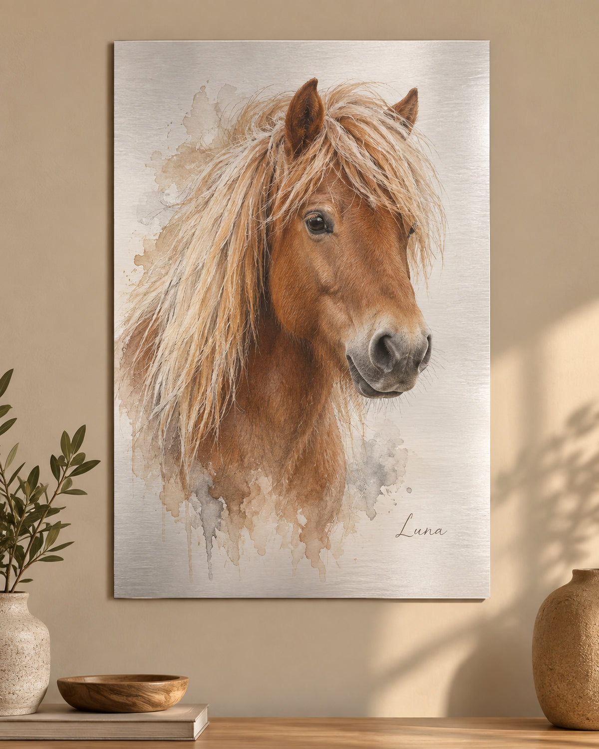 Pferdeportrait auf Aluminium, Beispiel Shetlandpony mit dem Namen Luna
