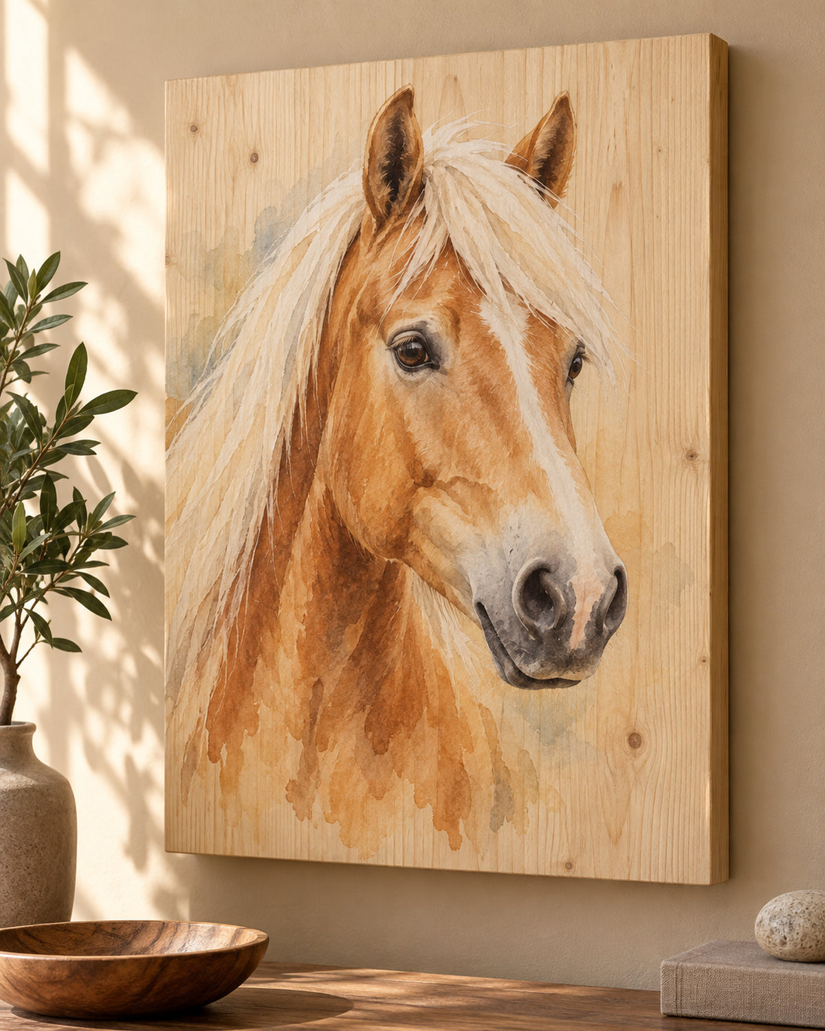 Pferdeportrait auf Holz: Haflinger mit dem Namen Sunny