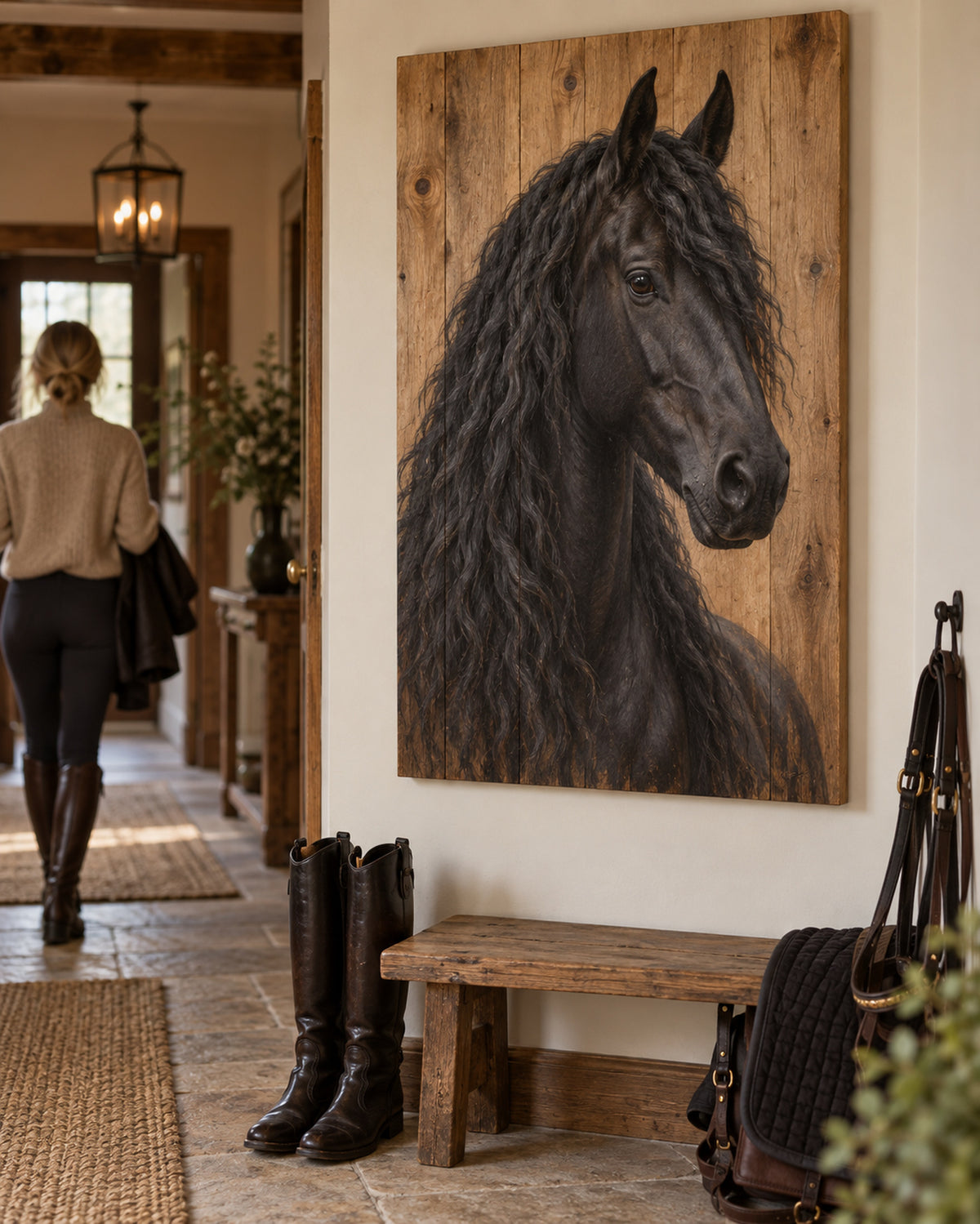 Pferdeportrait auf Holz im Wohnzimmer, Friese mit dem Namen Blacky