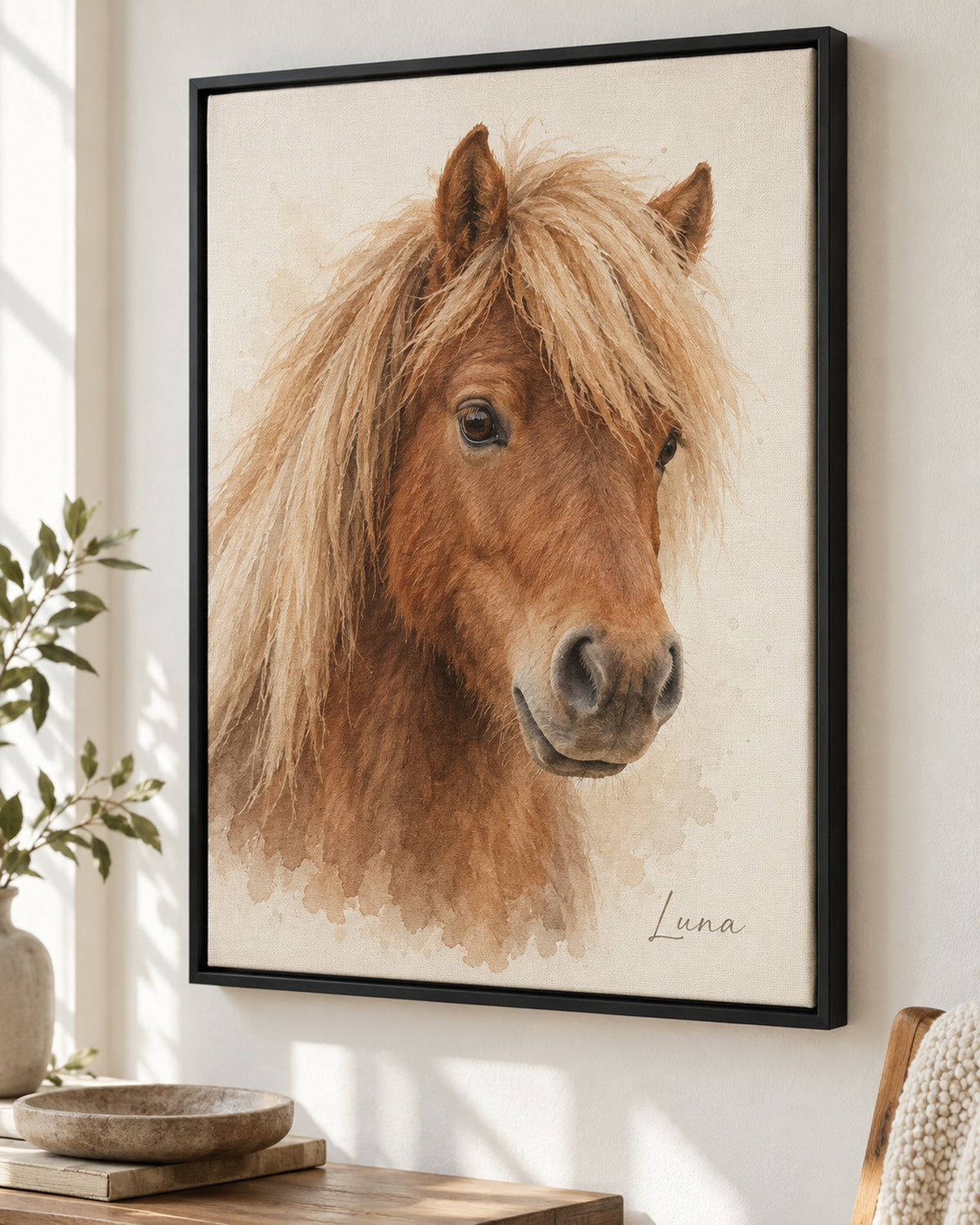 Pferdeportrait auf Leinwand mit Rahmen, Beispiel Shetlandpony mit dem Namen Luna